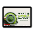 A tablet device displaying a video cover titled 'WHAT IS MATCHA MADE OF? - Matcha Masterclass' with a green matcha mortar and pestle graphic on a light background. The tablet is centered on a clean white background with a soft shadow.