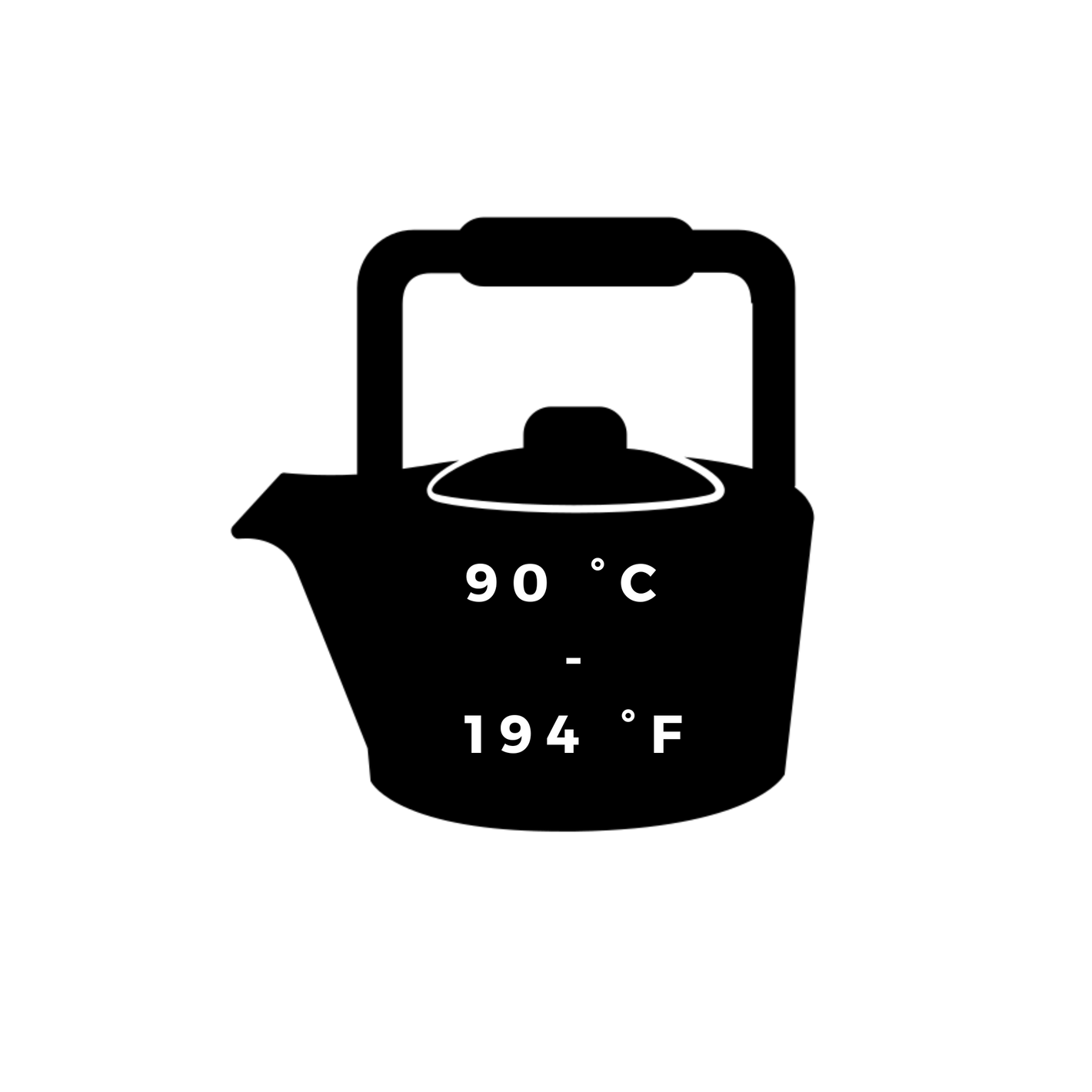 icon of a teapot with temperature brewing instruction in degree for 90 degree celsius and 194 degree fahrenheit