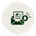 A dark green icon of an open envelope with a leaf on the letter and a ringing bell notification, centered inside a circular beige brush-stroke background.