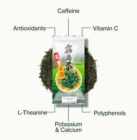 Nio Teas Henta Sencha Asanoka pack of loose leaf tea, labelled with caffeine, antioxidants, polyphenols, vitamin C, L-theanine, and potassium and calcium