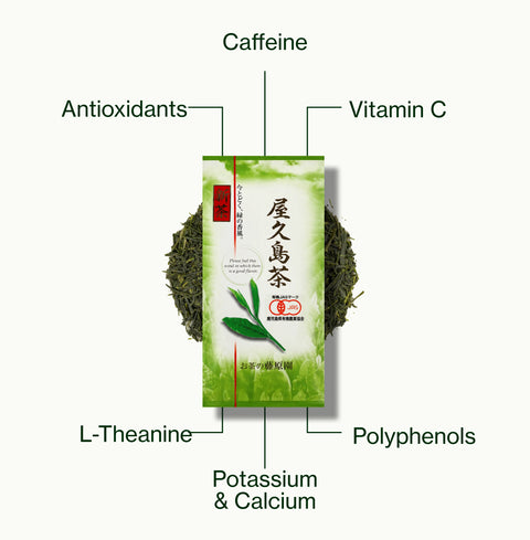 Nio Teas Shincha Yakushima Yabukita 2026 pack of loose leaf tea, labelled with caffeine, antioxidants, polyphenols, vitamin C, L-theanine, and potassium and calcium