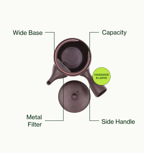 An exploded product diagram of a teapot on a light gray background, showing labeled parts including Wide Base, Capacity, Metal Filter, and Side Handle, with a small green badge indicating vacuum-compatible material.